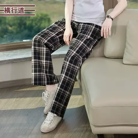 撞色格子松紧腰女夏全棉宽松垂感阔腿裤直筒长裤2025大码休闲裤潮商品大图