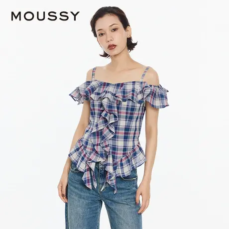 【章若楠同款】夏季复古格纹荷叶边吊带衬衫上衣028HSZ30-0871图片