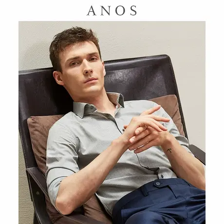 ANOS春夏纯棉免烫修身灰色衬衫温莎领全棉商务纯色韩版衬衣男长袖商品大图