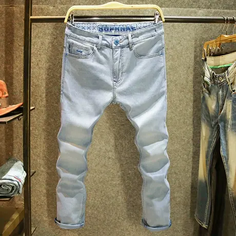 夏季浅色牛仔裤男款潮流时尚修身小脚裤潮牌刺绣简约百搭长裤薄款图片