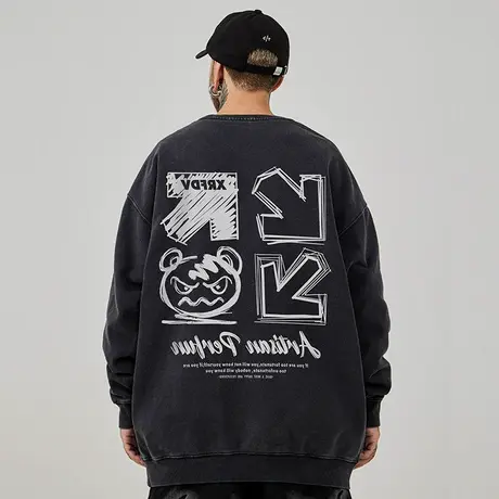 加肥加大码圆领美式重磅复古胖子男装宽松做旧卫衣纯棉秋冬款加绒图片