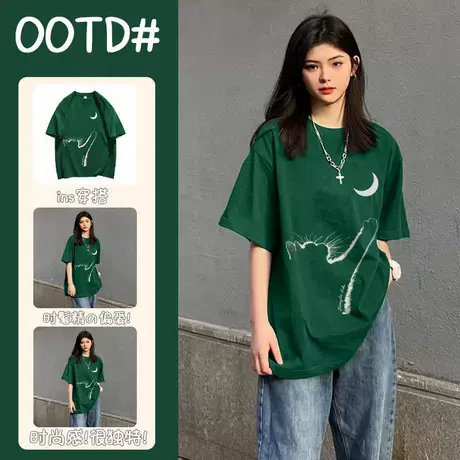 100%重磅纯棉墨绿色短袖t恤女夏季设计感宽松大版猫咪印花上衣ins商品大图