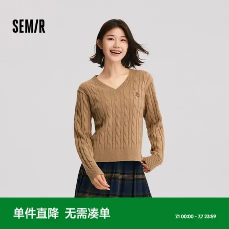 森柔毛衫|森马毛衣女刺绣V领针织衫宽松麻花新款冬季灰色上衣复古图片