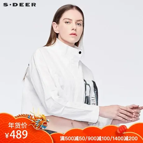 sdeer圣迪奥酷感休闲立领字母印花不规则摆拼接短款外套S19182230图片