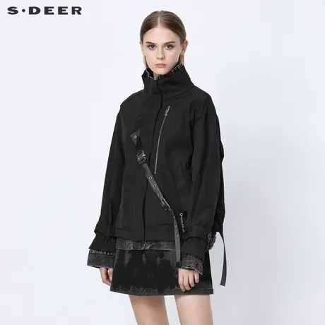 sdeer圣迪奥女装春秋装立领织带牛仔拼接假两件短款外套S21382210图片