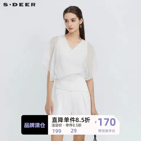 sdeer圣迪奥女装V领雪纺拼接不规则短袖T恤S223Z0115图片
