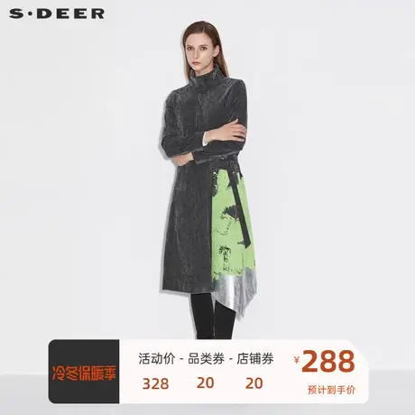 sdeer圣迪奥女装时尚立领撞色印花灯芯绒收腰长款风衣S21381827图片