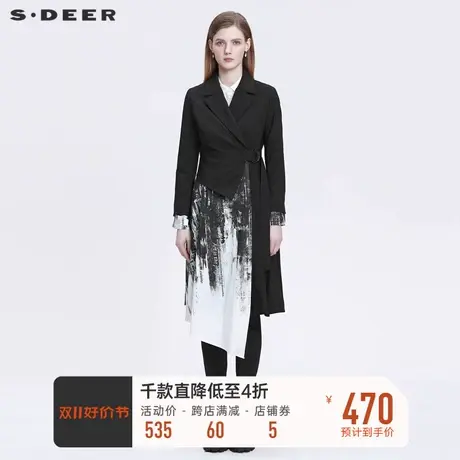 sdeer圣迪奥西装领国风水墨印花收腰中长款风衣S22181808图片