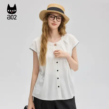 a02甜美风小飞袖圆领衬衫女2025新款夏季设计感衬衣文艺穿搭图片