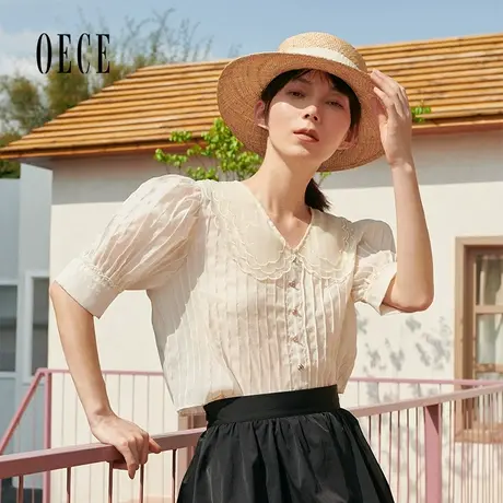 Oece夏装新款女装 温柔甜心复古法式香风欧根纱泡泡袖上衣商品大图