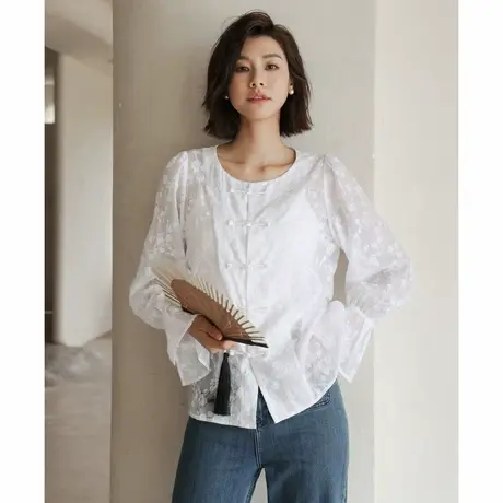 弥古新中式天丝提花衬衫女上衣高级感2025春装白色衬衣外搭开衫商品大图