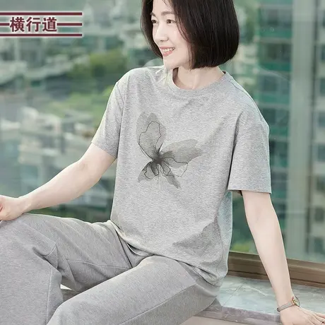 蝴蝶印花圆领宽松短袖T恤打底衫休闲通勤上衣半袖女士T恤夏装半袖图片