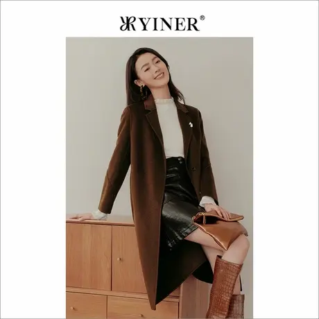 【绵羊毛+蚕丝】YINER音儿专选女装冬季纯色西装领双面呢大衣外套图片