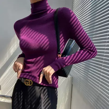 细羊毛高领打底衫女秋冬高级感长袖内搭彩色羊绒针织衫堆堆领t恤图片