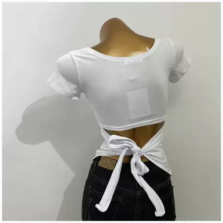 绝美！后背小心机～蝴蝶结绑带露背上衣修身短袖t恤打底衫2021夏图片