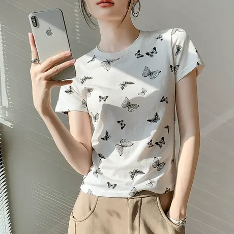 雪花棉短袖T恤女2025夏季新款显瘦正肩蝴蝶印花圆领打底单穿半袖商品大图