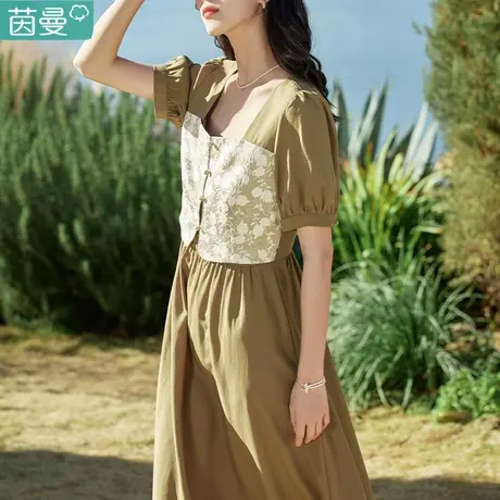 茵曼复古方领天丝连衣裙女2024新款夏天假两件裙设计感小众长裙子图片