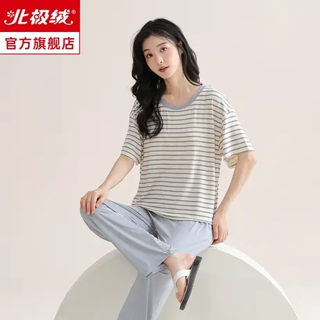 睡衣女夏季带胸垫2023新款短袖大码可外穿冰丝莫代尔家居服套装图片