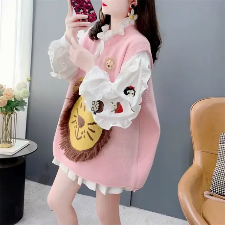 设计感可爱狮子提花无袖针织马甲背心女春季新款外穿甜美减龄坎肩商品大图