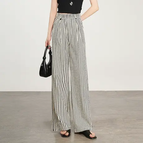 条纹拖地休闲裤女夏高腰新款薄款阔腿裤女休闲裤长裤女直筒裤子商品大图