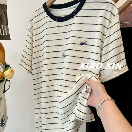 韩国气质 刺绣蝴蝶结小狗苎麻棉休闲条纹短袖T恤女 春夏舒适上衣商品大图