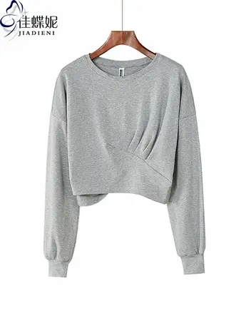 秋冬新款纯棉灰色长袖短款褶皱不规则宽松小心机体恤上衣女卫衣商品大图