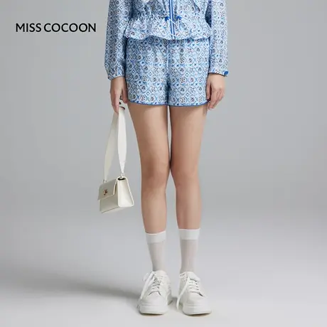 COCOON可可尼 商场同款宝蓝色撞色团花图案户外运动风休闲裤女士商品大图