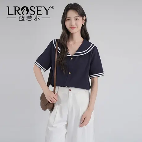 【珠地棉海军领短袖衬衫】蓝若水大码2025夏装新款学院风撞色上衣商品大图