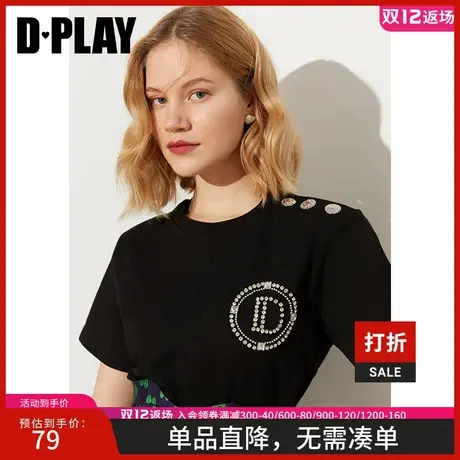 DPLAY夏新款ins风轻奢钉钻金属扣圆领短袖休闲经典黑T恤商品大图