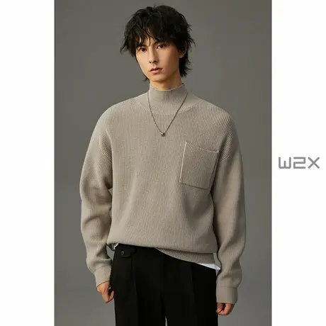 w2x2023冬季新款设计感高领毛衣男百搭青年针织衫廓形休闲上衣潮图片