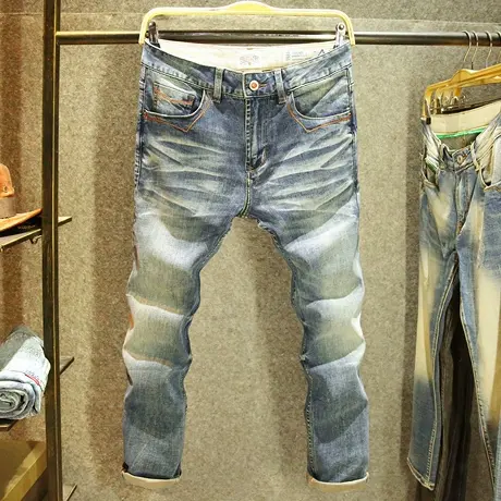 美式重工水洗牛仔裤男款修身小直筒弹力裤子潮牌复古做旧高端长裤图片