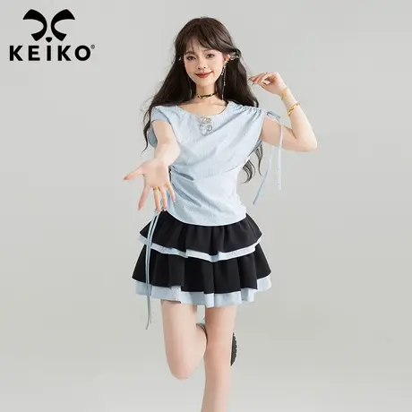 KEIKO 韩系高智感蓝色条纹衬衫女25夏季气质抽绳收腰无袖上衣小衫图片