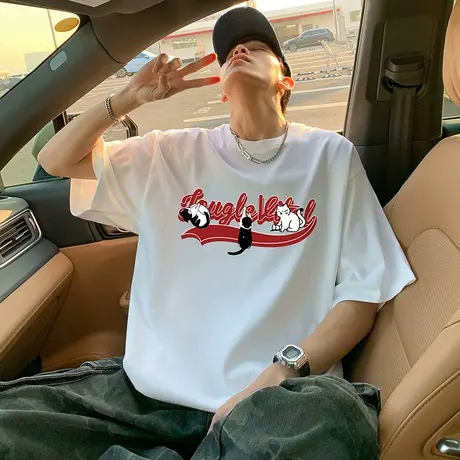 短袖T恤男夏季新款纯棉圆领上衣大码宽松半袖美式休闲男生体恤衫商品大图