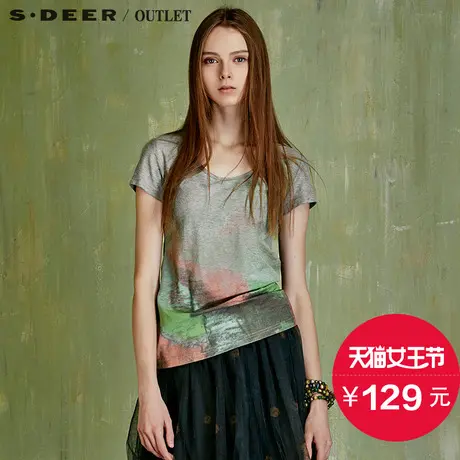 s.deer【女王节】圣迪奥2016夏装新品女斑斓水墨抽象印染T恤图片