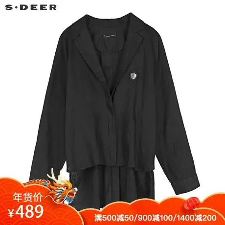 sdeer圣迪奥女极简休闲平驳领金属贴布不规则摆短款外套S19182214图片
