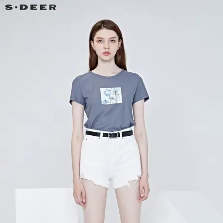 sdeer圣迪奥夏季休闲圆领印花基本款修身显瘦短袖T恤女S20260132图片