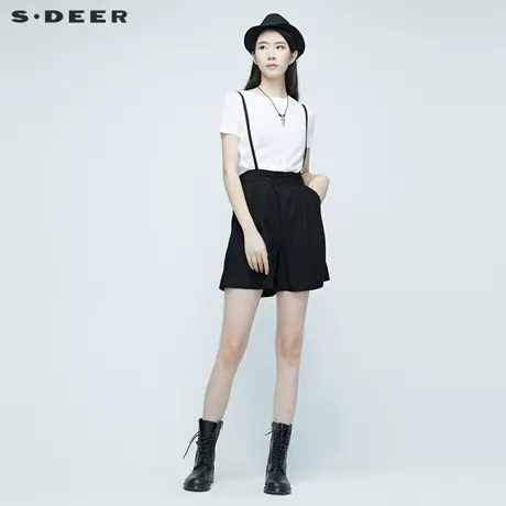 sdeer圣迪奥夏季女装宽松黑色直筒俏皮背带短裤S20280904图片