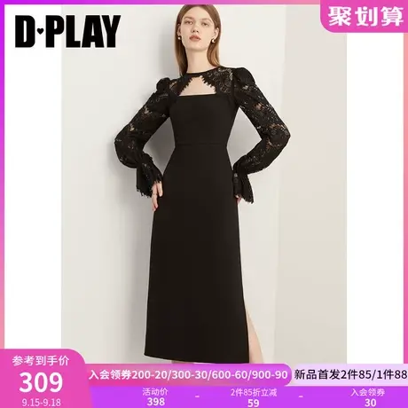 DPLAY2023年秋法式优雅黑色侧开衩蕾丝连衣裙高级感礼服裙小黑裙商品大图