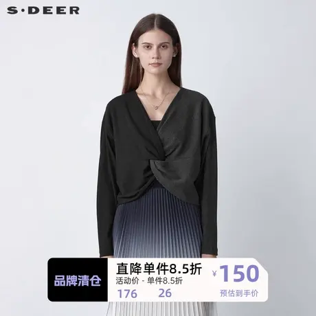 sdeer圣迪奥女装休闲V领堆叠交叉撞色长袖T恤S221Z0215图片
