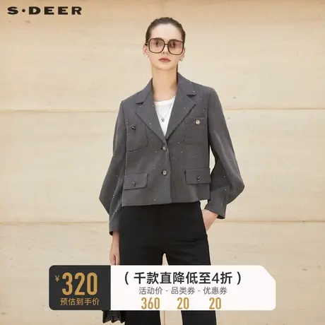 sdeer圣迪奥女装复古西装领格纹宫廷袖外套S23362201图片