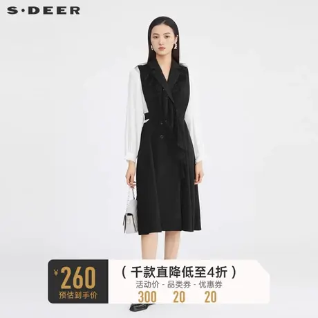 sdeer圣迪奥淑女外套网纱撞色雪纺拼接长款风衣S223Z1821图片