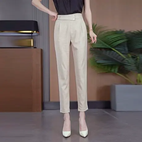 时尚百搭棉麻休闲哈伦裤女夏季薄款小脚职业西装裤高腰显瘦九分裤商品大图