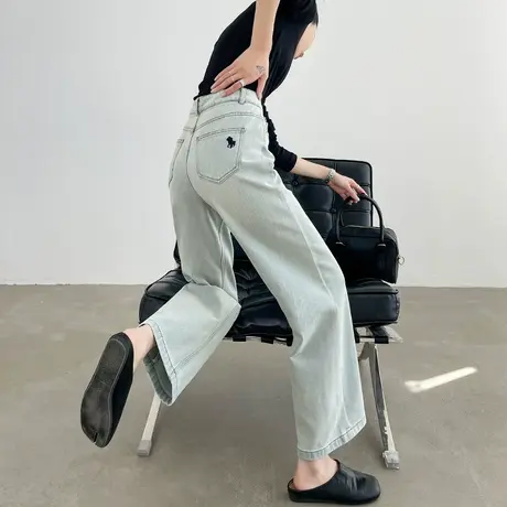 刺绣窄版直筒牛仔裤女夏季薄款高腰显瘦宽松垂感九分小个子阔腿裤商品大图