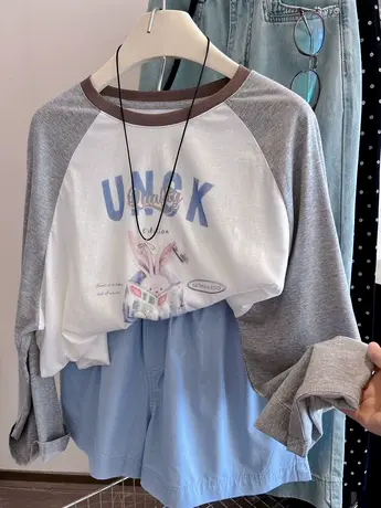 软萌小兔兔~韩系慵懒时髦插肩袖冰凉舒适宽松休闲长袖防晒衣女T恤商品大图