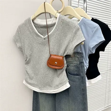 拼色假两件短袖T恤女夏季2025新款修身显瘦短款褶皱收腰半袖上衣商品大图