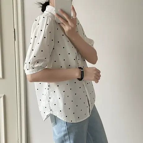 2025夏季新款韩版波点短袖衬衫女宽松百搭文艺休闲中袖防晒衫上衣图片