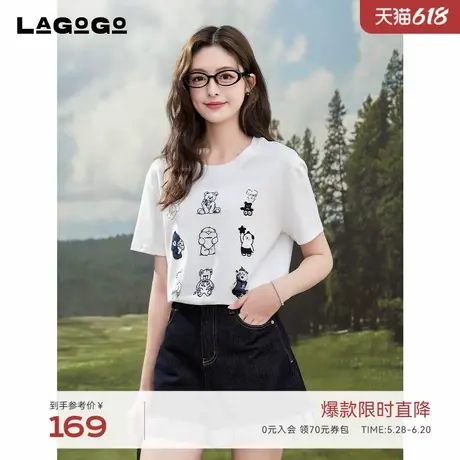 LAGOGO白色小熊印花短袖T恤女士拉谷谷2025夏季新款宽松显瘦上衣图片