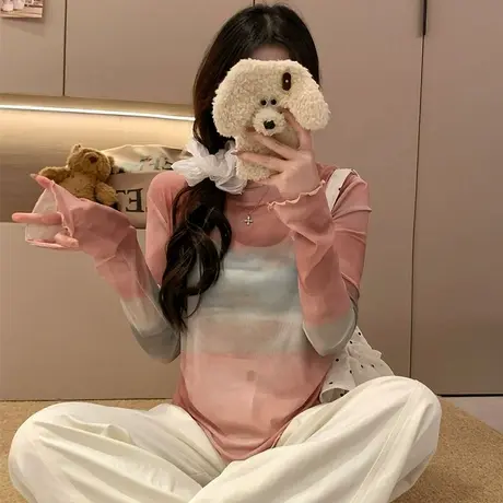 2025辣妹风扎染长袖T恤女2025春新款修身显瘦内搭圆领套头打底衫图片