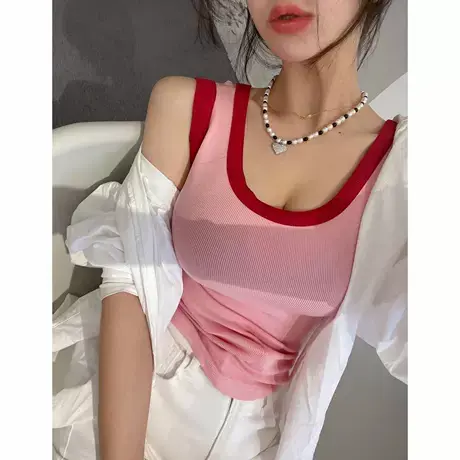 版型敲正~ins洋气撞色U领吊带背心女外穿修身百搭无袖T恤上衣春夏图片