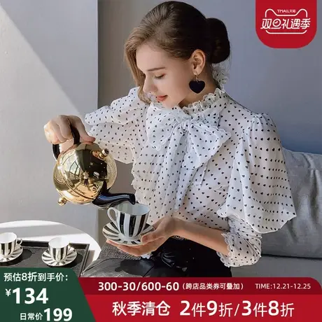 粉红大布娃娃上衣女士波点设计感小众灯笼袖打底衬衫2021新款衬衣商品大图